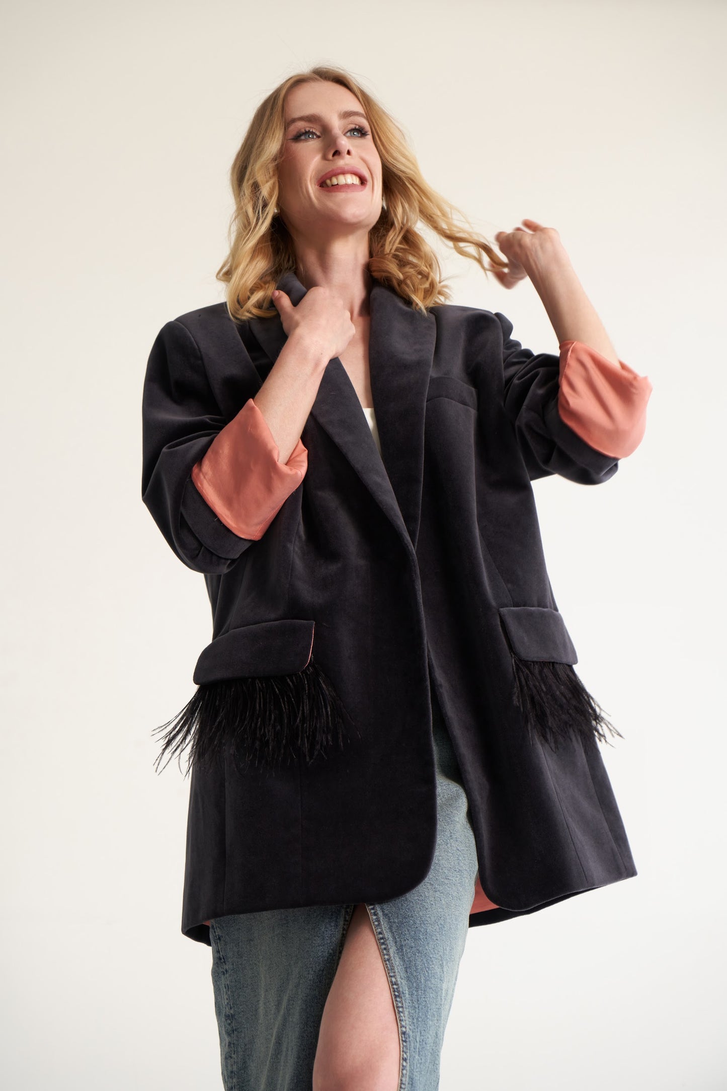 MADAGASCAR feather-trimmed cotton-velvet blazer