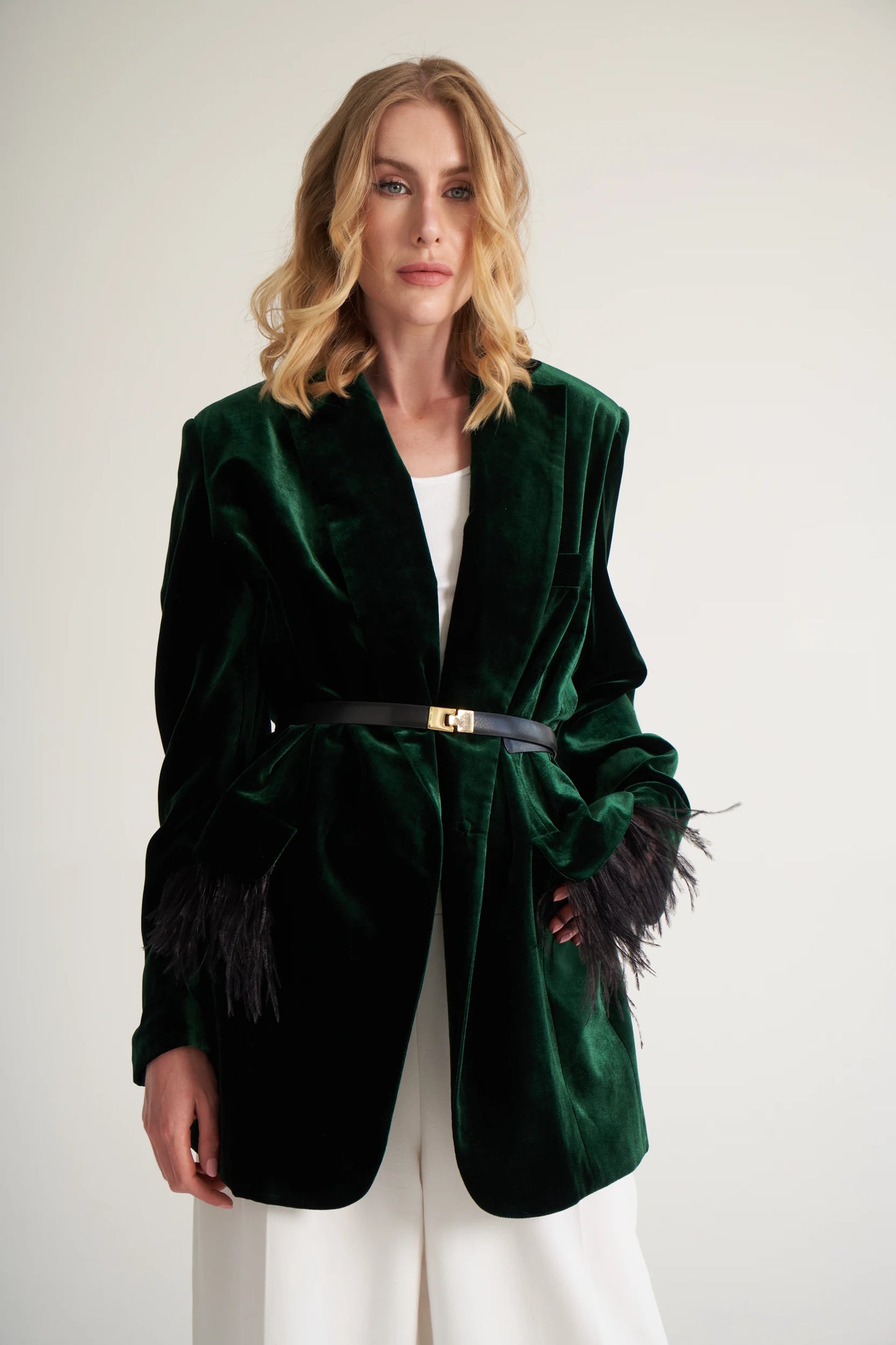 MADAGASCAR feather-trimmed silk-blend velvet blazer